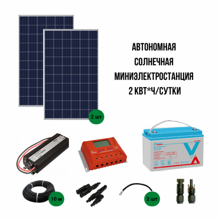 Автономная солнечная миниэлектростанция 2 кВт*ч/сутки, для садового дома
