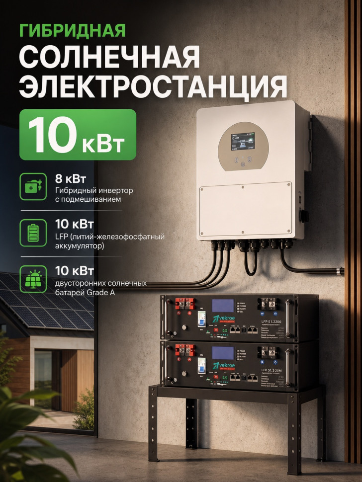 Гибридная солнечная электростанция 10 кВт с литий железофосфатным аккумулятором Vektor LFP 51.2-100M  фото 1 &mdash; GWS Energy