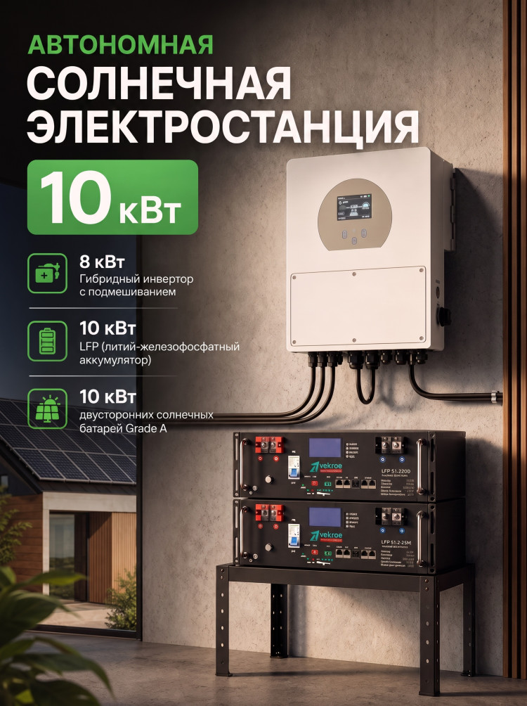 Автономная солнечная электростанция 10 кВт с литий железофосфатным аккумулятором Vektor LFP 51.2-100M  &mdash; GWS Energy