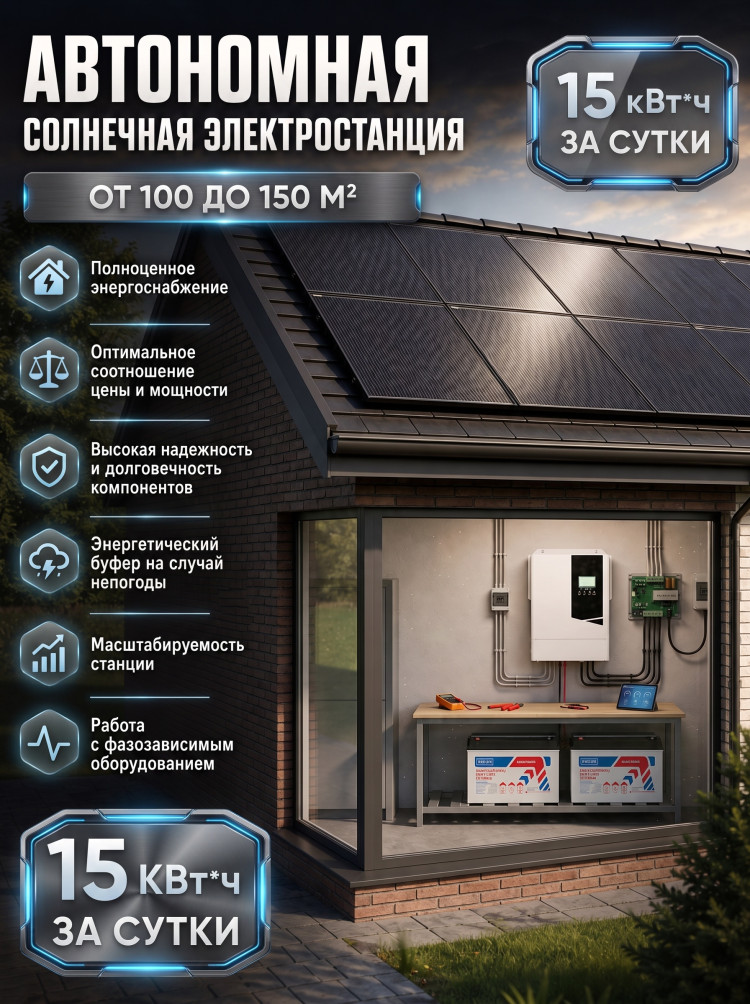 Автономная солнечная электростанция 15 кВт*ч/сутки*, для дома 100 м2  &mdash; GWS Energy
