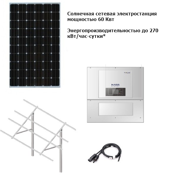 Солнечная сетевая электростанция 60 кВт (до 320 КВт/час/сутки*) Мощность панелей – 59950 Ватт