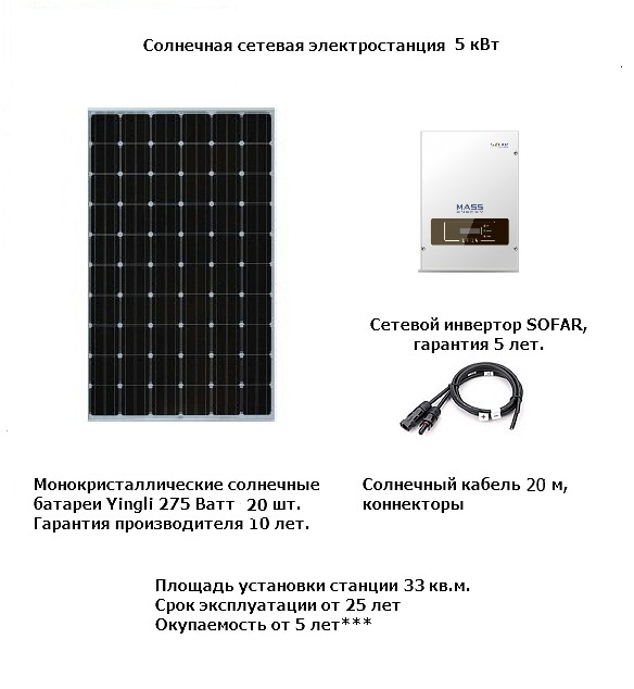 Солнечная сетевая электростанция 5 кВт  