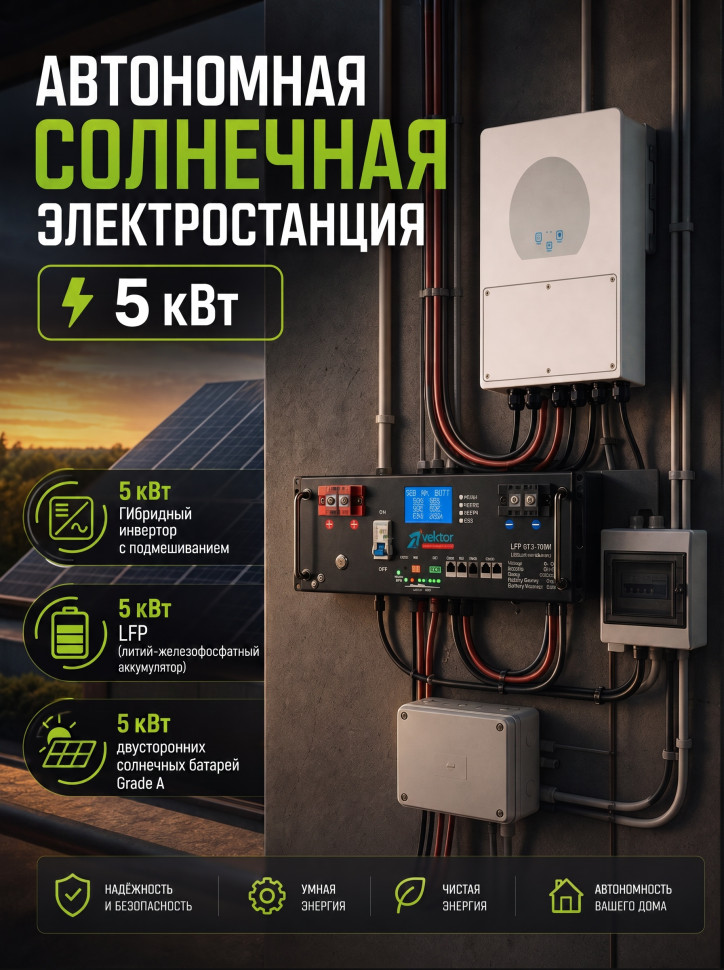 Автономная солнечная электростанция 5 кВт с литий железофосфатным аккумулятором Vektor LFP 51.2-100M  фото 1 &mdash; GWS Energy