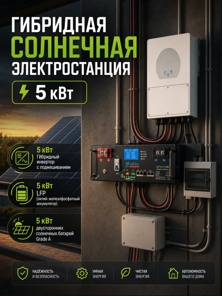 Гибридная солнечная электростанция 5 кВт с литий железофосфатным аккумулятором Vektor LFP 51.2-100M  1 фото 1 &mdash; GWS Energy