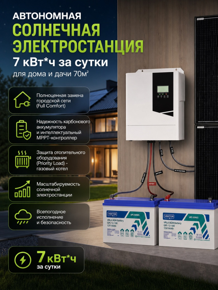 Автономная солнечная электростанция 7 кВт*ч/сутки*, для дачи 70 м² фото 1 &mdash; GWS Energy